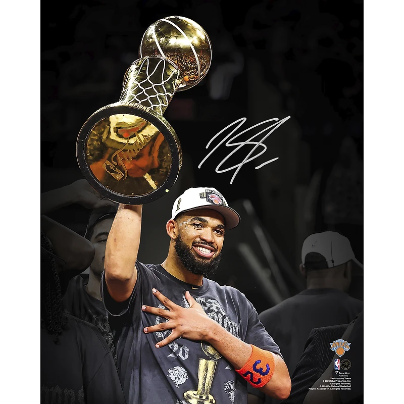 Karl-Anthony Towns New York Knicks Autographed 2026 NBA Finals Champions 16" x 20" Holding Larry O'Brien Trophy Spotlight Photograph