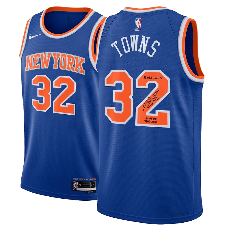 One of One: Karl-Anthony Towns New York Knicks Autographed Nike Icon Swingman Jersey with Multiple Inscriptions