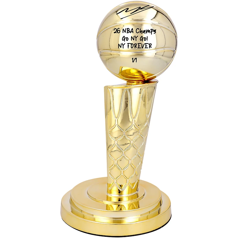 One of One: Mikal Bridges New York Knicks Autographed 2026 NBA Finals Larry O'Brien Replica Trophy with Multiple Inscriptions