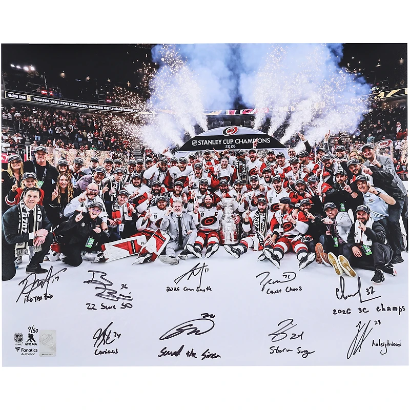 Carolina Hurricanes Autographed 2026 Stanley Cup Champions 16" x 20" Team Celebration Photograph with Multiple Signatures and Inscriptions