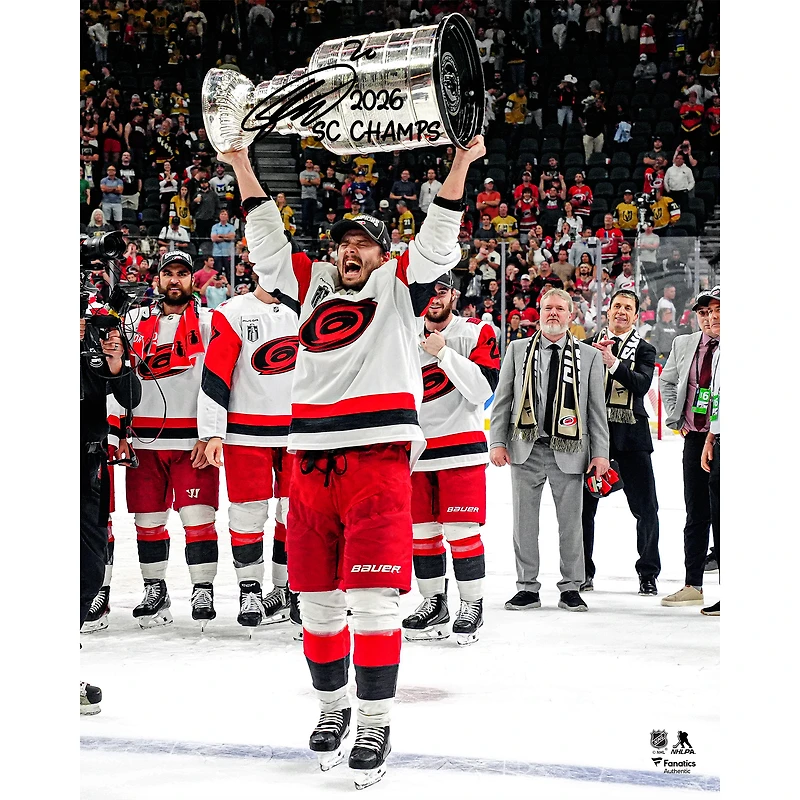 Sebastian Aho Carolina Hurricanes Autographed 2026 Stanley Cup Champions 16" x 20" Raising Cup Photograph with "2026 SC Champs" Inscription