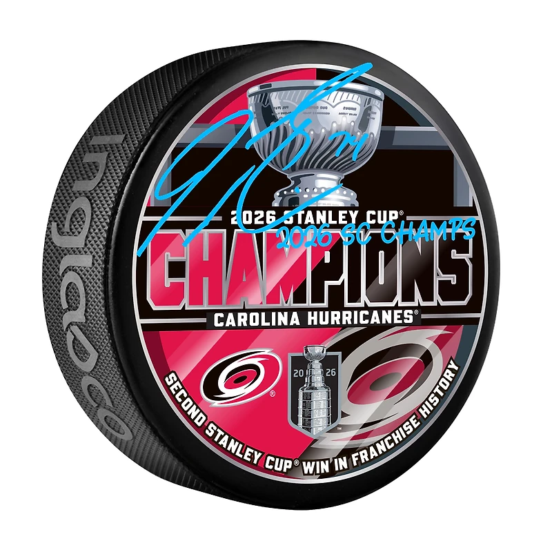 Jaccob Slavin Carolina Hurricanes Autographed 2026 Stanley Cup Champions Hockey Puck with "2026 SC Champs" Inscription