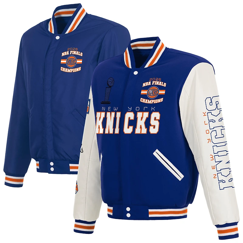 Men's JH Design Blue/White New York Knicks 2026 NBA Finals Champions Reversible Full-Snap Varsity Jacket