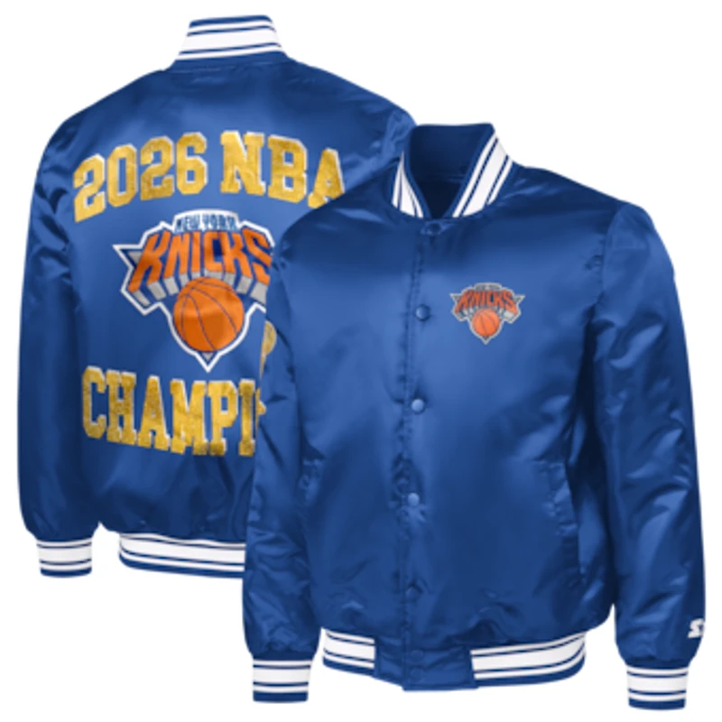 Men's Starter Blue New York Knicks 2026 NBA Finals Champions Satin Full-Snap Varsity Jacket