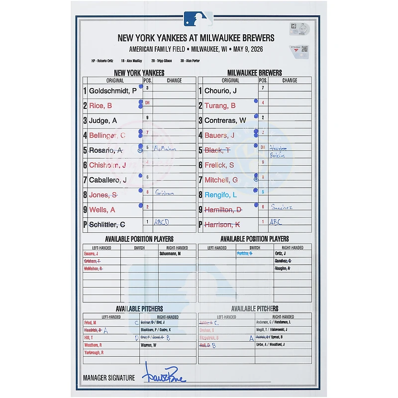 New York Yankees Game-Used Lineup Card vs. Milwaukee Brewers on May 9, 2026