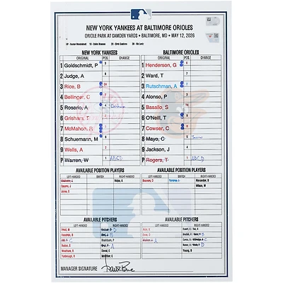 New York Yankees Game-Used Lineup Card vs. Baltimore Orioles on May 12, 2026