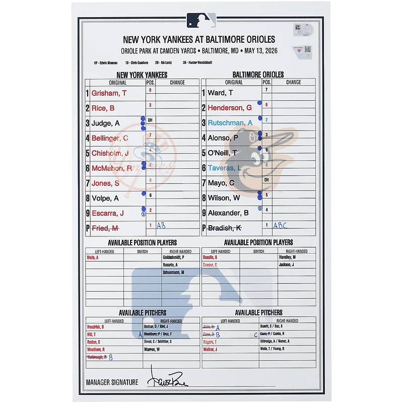 New York Yankees Game-Used Lineup Card vs. Baltimore Orioles on May 13, 2026
