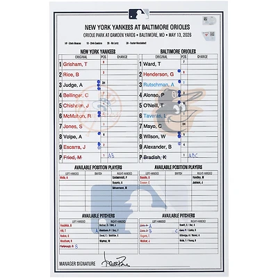 New York Yankees Game-Used Lineup Card vs. Baltimore Orioles on May 13, 2026