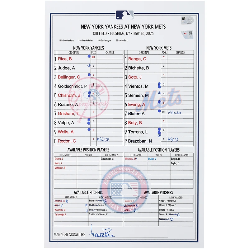 New York Yankees Game-Used Lineup Card vs. New York Mets on May 16, 2026