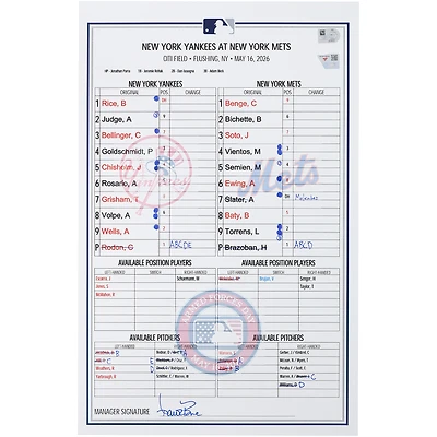 New York Yankees Game-Used Lineup Card vs. New York Mets on May 16, 2026