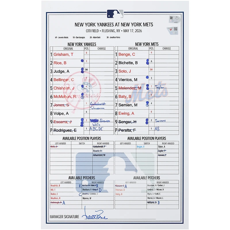 New York Yankees Game-Used Lineup Card vs. New York Mets on May 17, 2026