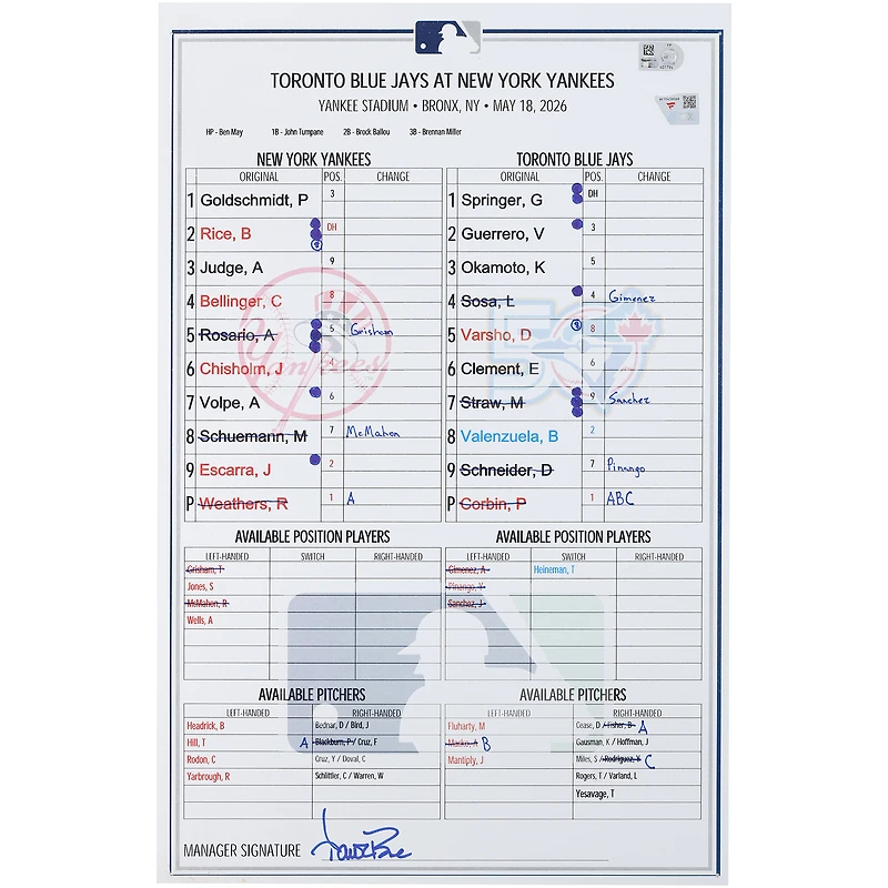 New York Yankees Game-Used Lineup Card vs. Toronto Blue Jays on May 18, 2026