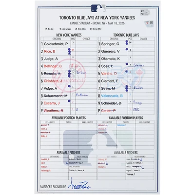 New York Yankees Game-Used Lineup Card vs. Toronto Blue Jays on May 18, 2026