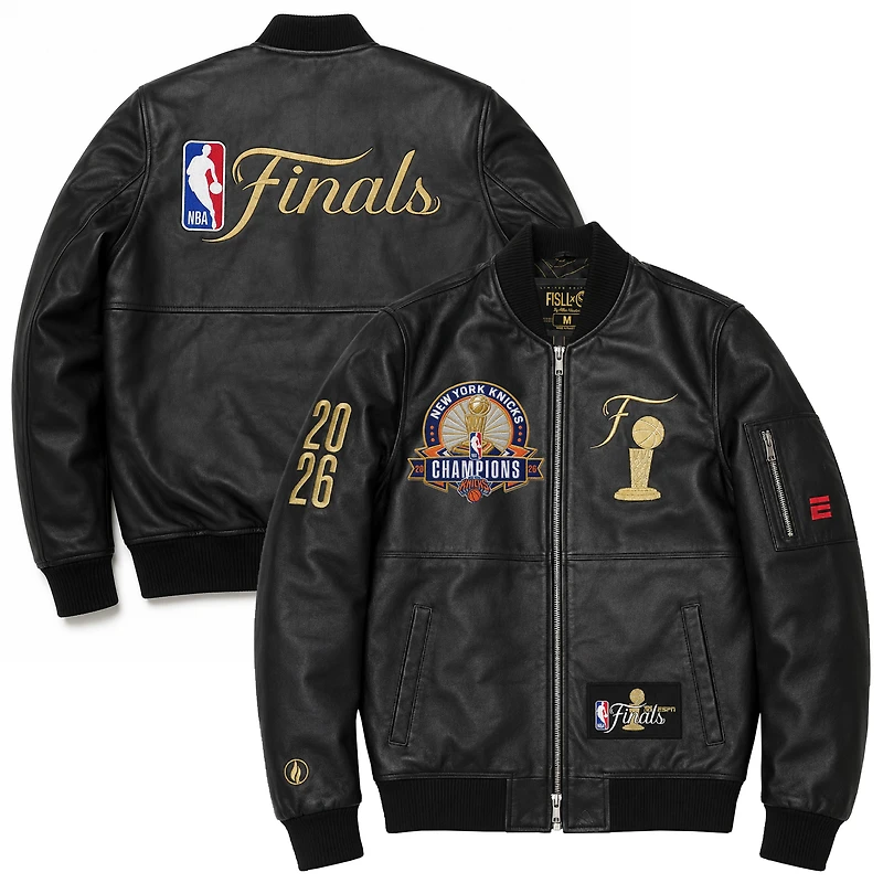 Men's FISLL Black New York Knicks 2026 NBA Finals Champions Team Full-Zip Leather Jacket