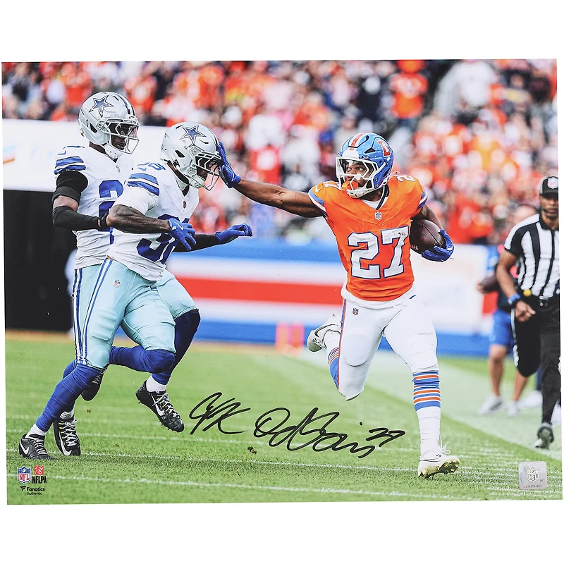 J.K. Dobbins Denver Broncos Autographed 16" x 20" Stiff Arm vs. Dallas Cowboys Photograph