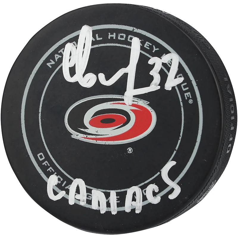 Andrei Svechnikov Carolina Hurricanes Autographed Old Model Official Game Puck with "Caniacs" Inscription
