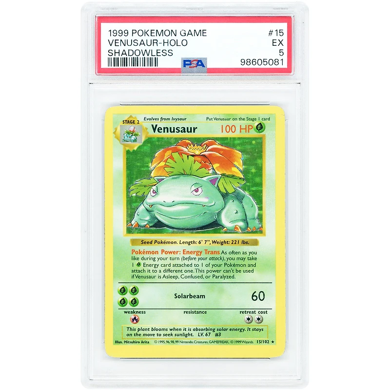 Venusaur 1999 Pokemon Base Set Shadowless Holo Rare #15 PSA Authenticated 5 Card