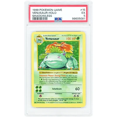 Venusaur 1999 Pokemon Base Set Shadowless Holo Rare #15 PSA Authenticated 5 Card