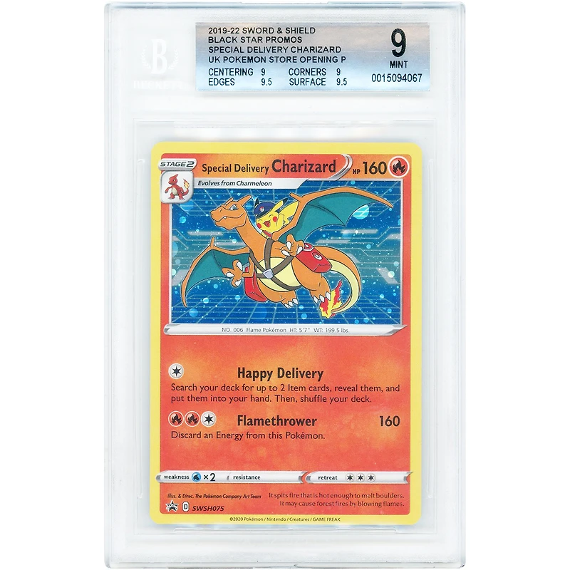 Special Delivery Charizard 2022 Pokemon Sword & Shield Pokemon Center Promo #SWSH075 BGS Authenticated 9 Card - 9,9,9.5,9.5 Subgrades