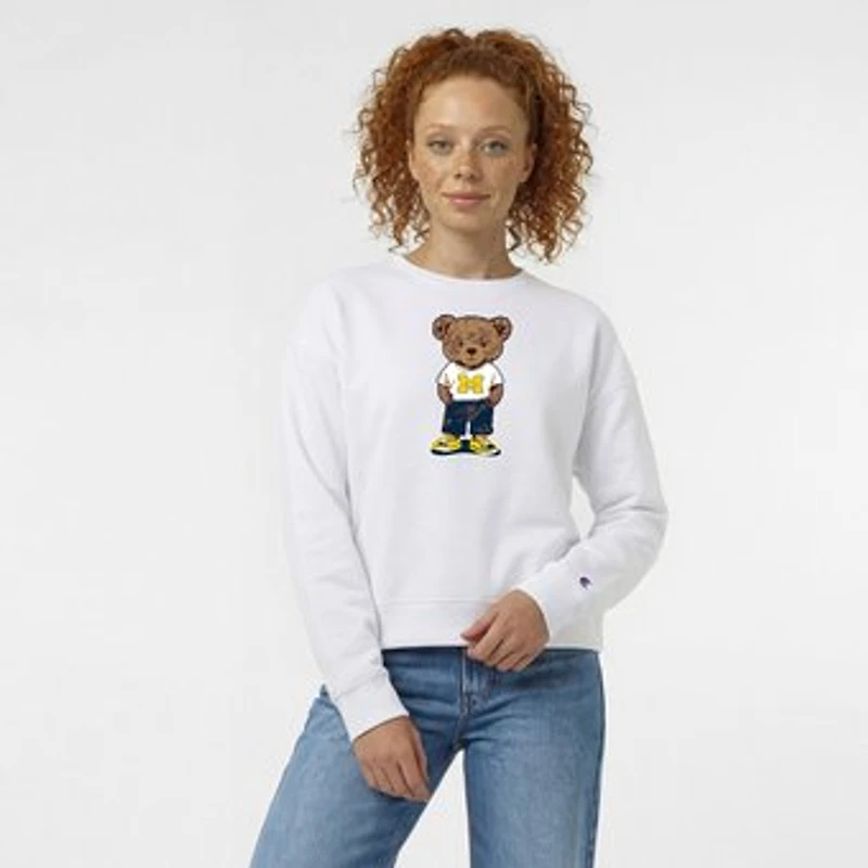 Women's Champion White Michigan Wolverines Teddy Bear Fleece Sweatshirt
