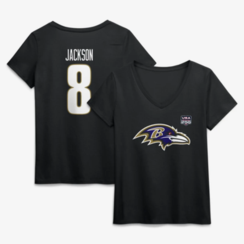 Women's Lamar Jackson Black Baltimore Ravens USA 250 Name & Number V-Neck T-Shirt