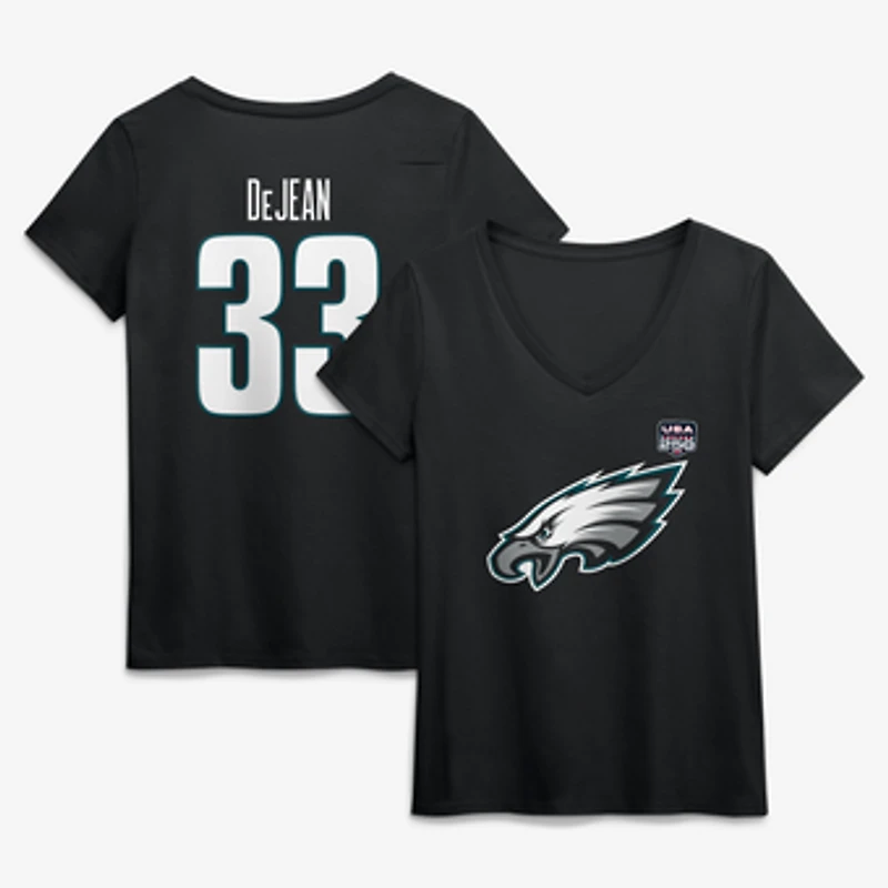 Women's Cooper DeJean Black Philadelphia Eagles USA 250 Name & Number V-Neck T-Shirt
