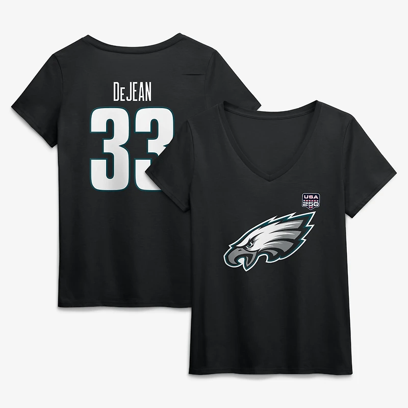 Women's Cooper DeJean Black Philadelphia Eagles USA 250 Name & Number V-Neck T-Shirt