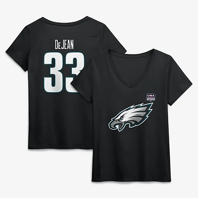 Women's Cooper DeJean Black Philadelphia Eagles USA 250 Name & Number V-Neck T-Shirt