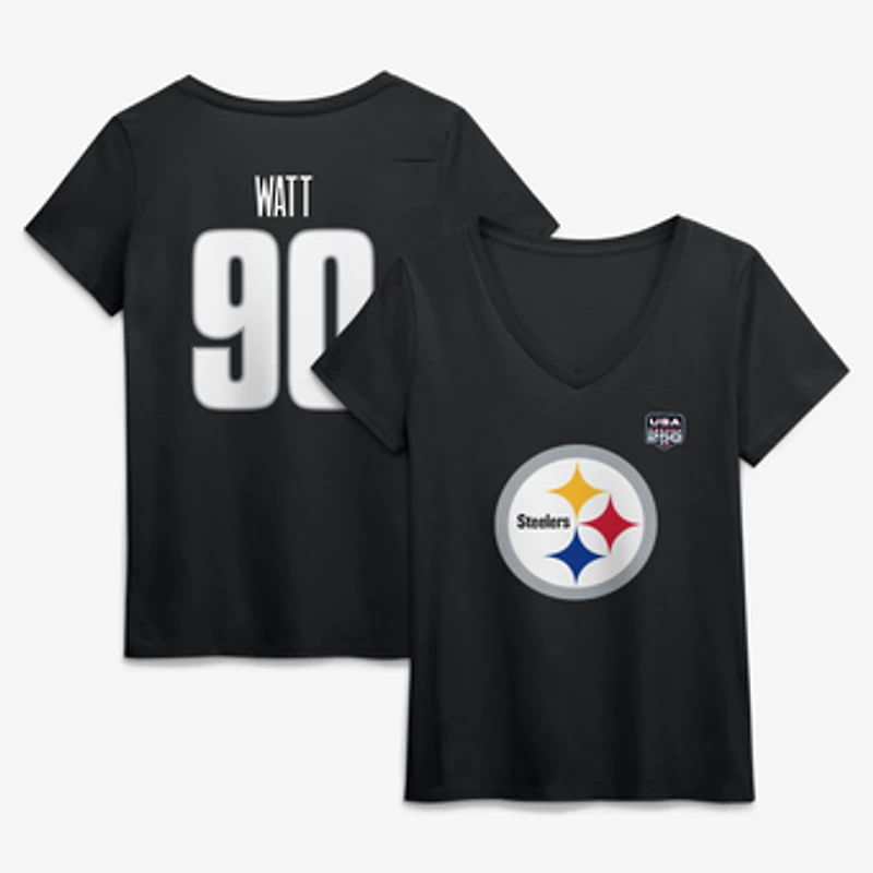 Women's T.J. Watt Black Pittsburgh Steelers USA 250 Name & Number V-Neck T-Shirt