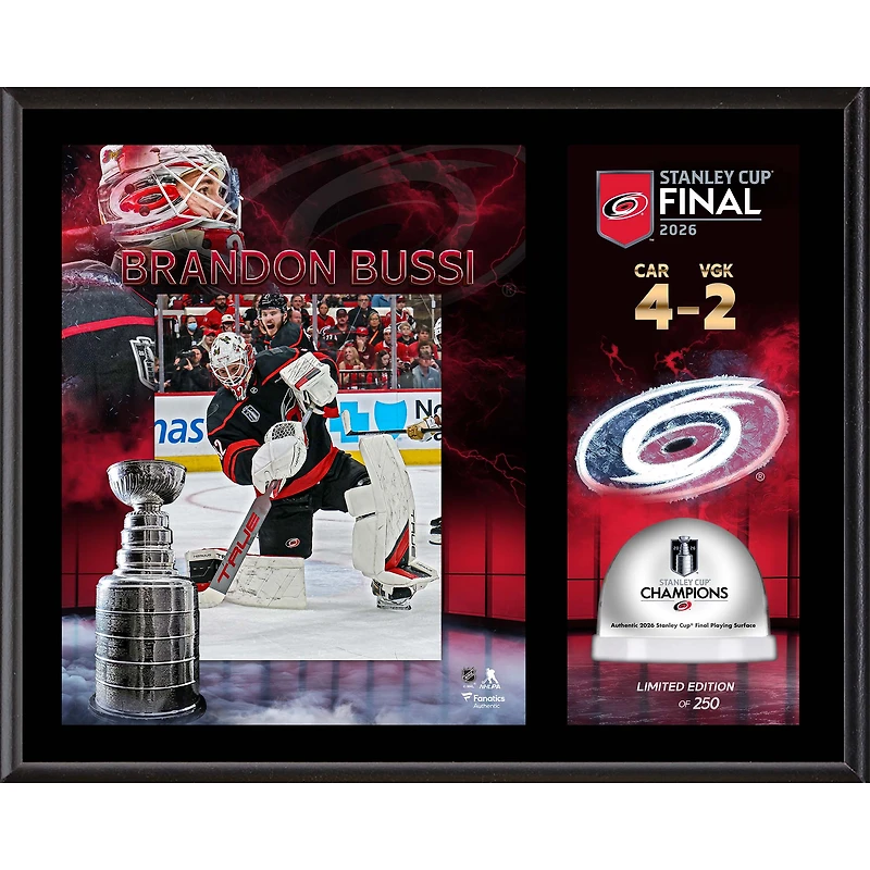 Brandon Bussi Carolina Hurricanes 2026 Stanley Cup Champions 12'' x 15'' Sublimated Plaque with Game-Used Ice from the 2026 Stanley Cup Final - Limited Edition of 250