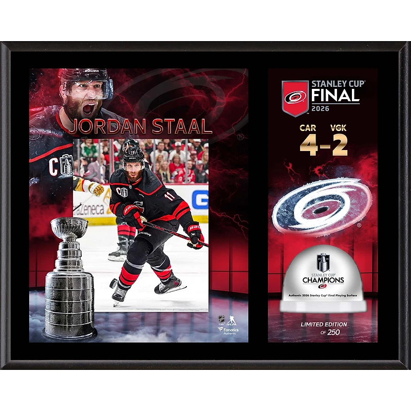 Jordan Staal Carolina Hurricanes 2026 Stanley Cup Champions 12'' x 15'' Sublimated Plaque with Game-Used Ice from the 2026 Stanley Cup Final - Limited Edition of 250