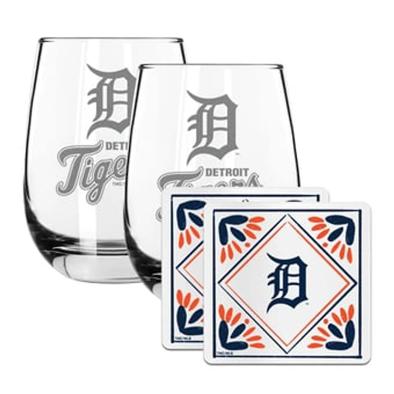 The Memory Company Detroit Tigers 15oz. Stemless Wine Glass & Coaster Set