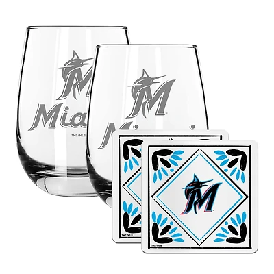 The Memory Company Miami Marlins 15oz. Stemless Wine Glass & Coaster Set