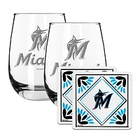 The Memory Company Miami Marlins 15oz. Stemless Wine Glass & Coaster Set
