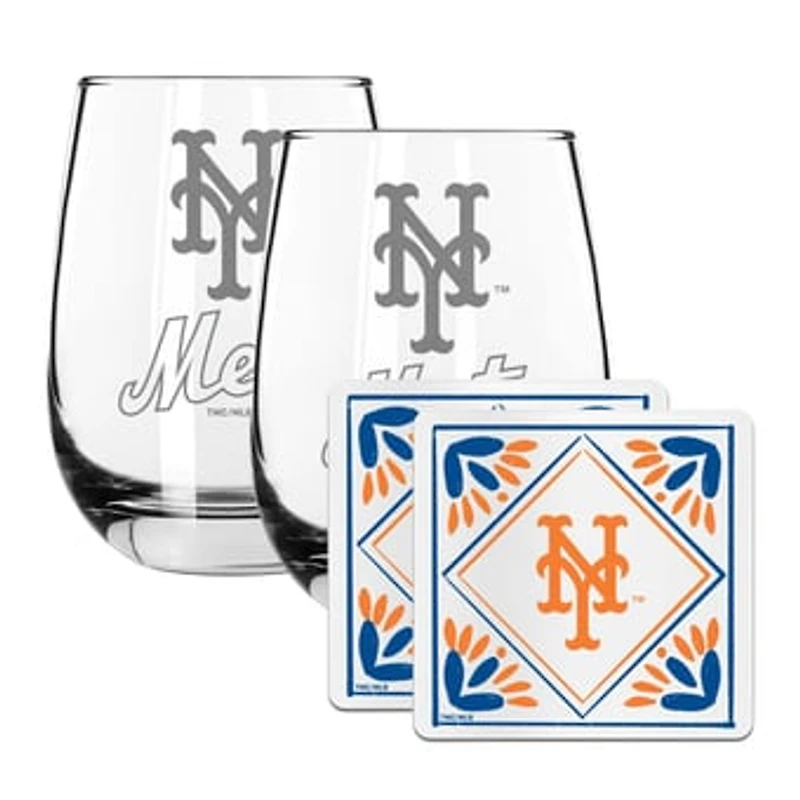 The Memory Company New York Mets 15oz. Stemless Wine Glass & Coaster Set