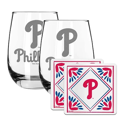 The Memory Company Philadelphia Phillies 15oz. Stemless Wine Glass & Coaster Set