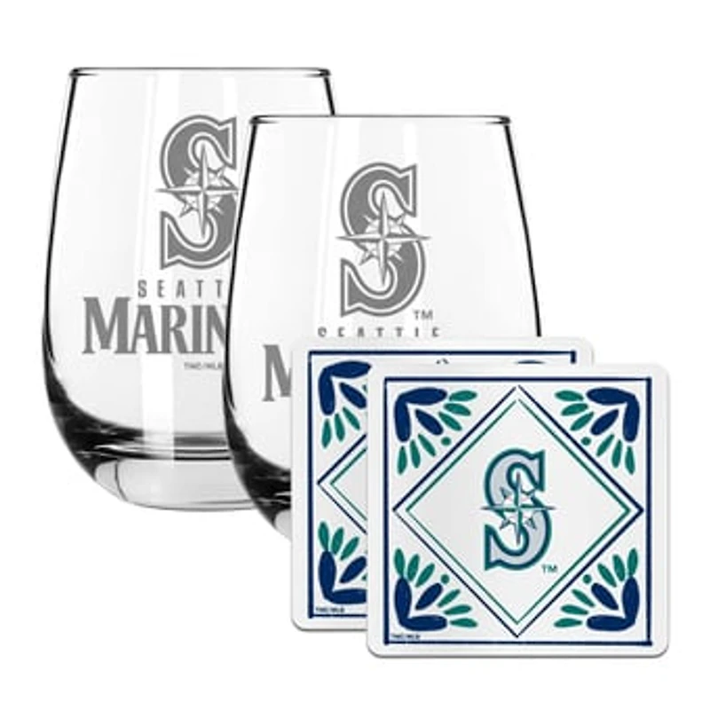 The Memory Company Seattle Mariners 15oz. Stemless Wine Glass & Coaster Set
