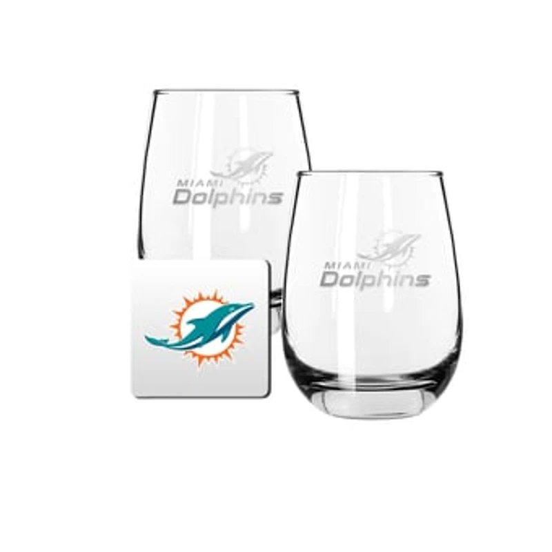 The Memory Company Miami Dolphins 15oz. Stemless Wine Glass & Coaster Set