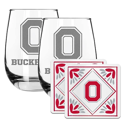 The Memory Company Ohio State Buckeyes 15oz. Stemless Wine Glass & Coaster Set