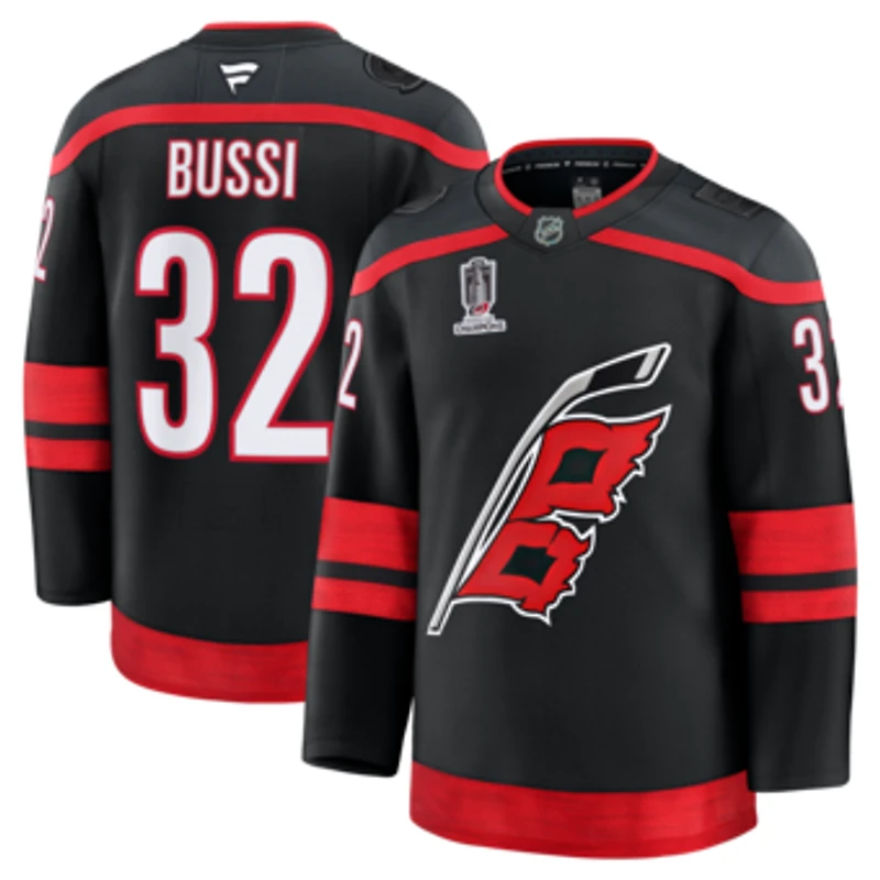 Men's Fanatics Brandon Bussi Black Carolina Hurricanes 2026 Stanley Cup Champions Patched Premium Jersey
