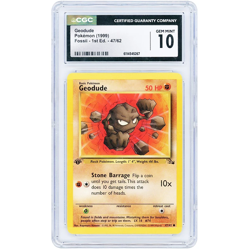 Geodude 1999 Pokemon Fossil 1st Edition #47 CGC Authenticated 10 Card