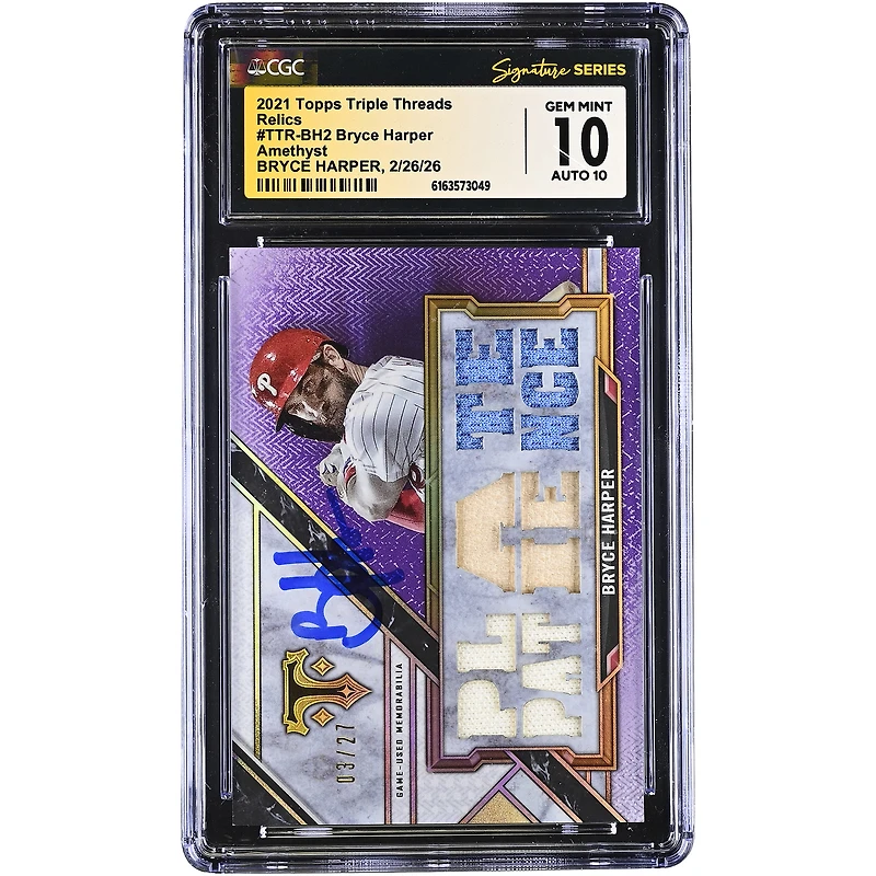 Bryce Harper Philadelphia Phillies Autographed 2021 Topps Triple Threads Relics Amethyst #TTR-BH2 #/27 CGC Authenticated 10/10 Card