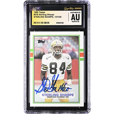 Sterling Sharpe Green Bay Packers Autographed 1989 Topps #379 CGC Authenticated Auto 10 Rookie Card with "HOF 25" Inscription