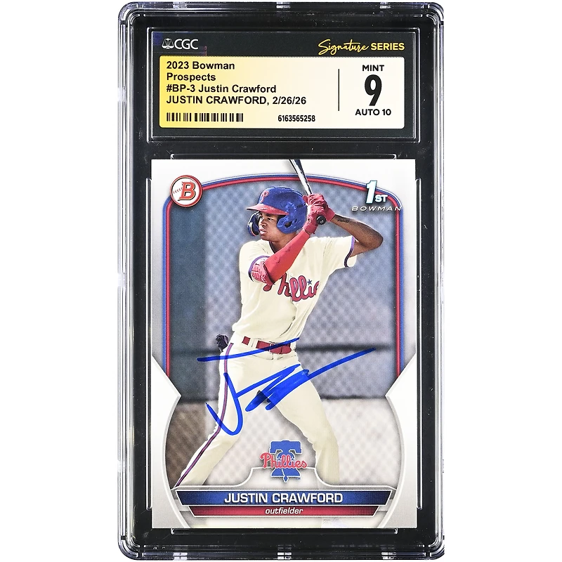Justin Crawford Philadelphia Phillies Autographed 2023 Bowman Prospects #BP-3 CGC Authenticated /10 Card