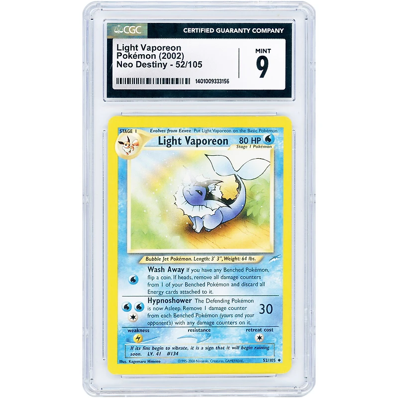 Light Vaporeon 2002 Pokemon Neo Destiny Uncommon #52 CGC Authenticated 9 Card