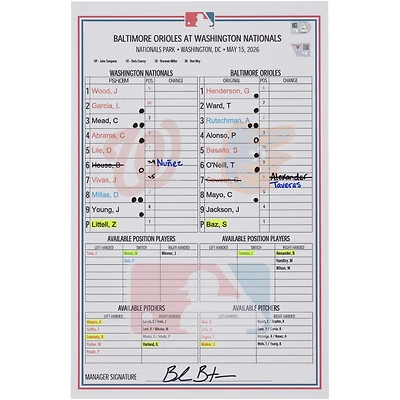 Washington Nationals Game-Used Lineup Card vs. Baltimore Orioles on May 15, 2026