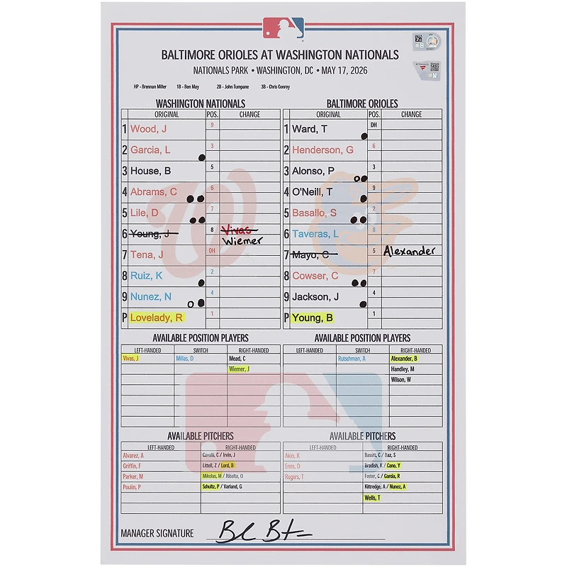 Washington Nationals Game-Used Lineup Card vs. Baltimore Orioles on May 17, 2026