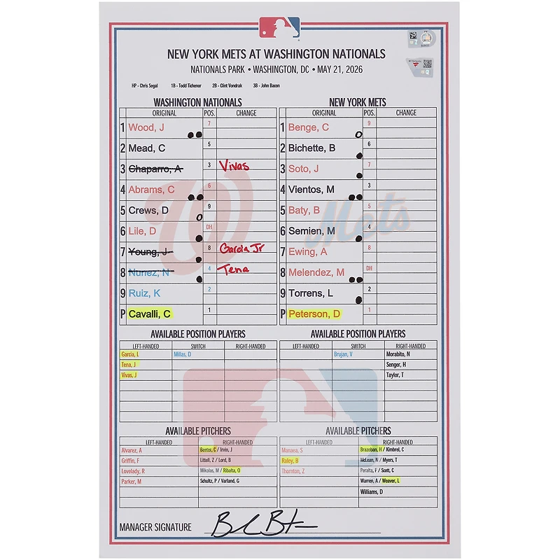 Washington Nationals Game-Used Lineup Card vs. New York Mets on May 21, 2026