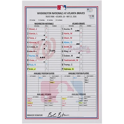 Washington Nationals Game-Used Lineup Card vs. Atlanta Braves on May 23, 2026