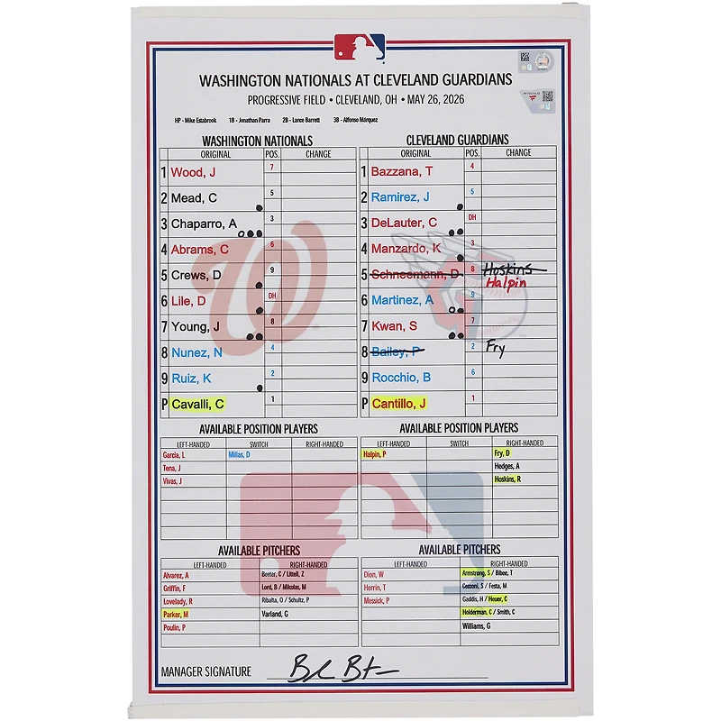Washington Nationals Game-Used Lineup Card vs. Cleveland Guardians on May 26, 2026